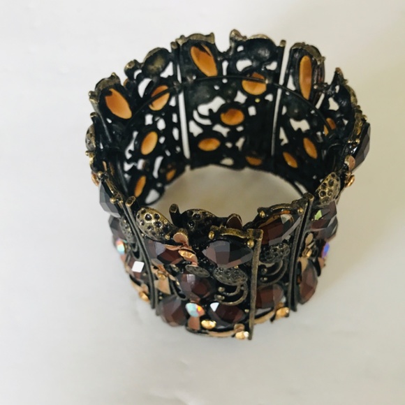 Rare Find! Handcrafted Brass 7 Panel Hinged 2” Cuff Bracelet Topaz Color Stones - Picture 7 of 10